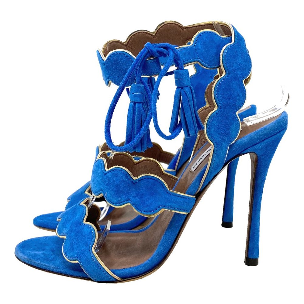 Tabitha Simmons Cirrius Blue Suede Gold Leather Trim Scalloped Sandals